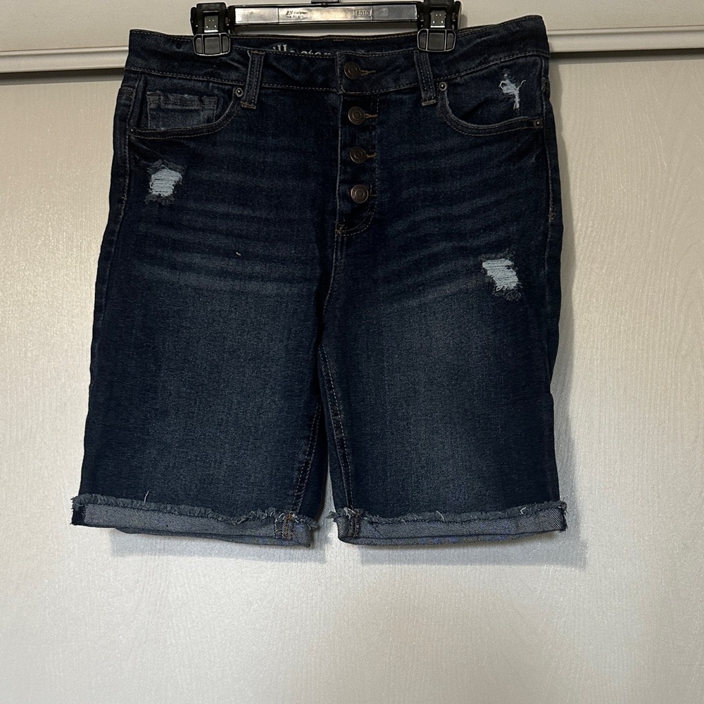 Vanilla Star Dark Blue Distressed Button-Fly Denim Shorts